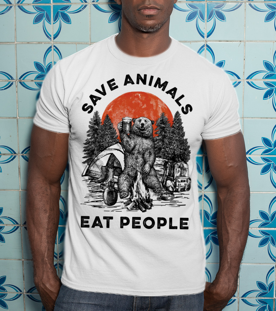 Save Animals Eat People Camping Bear Campfire Scene T-Shirt
