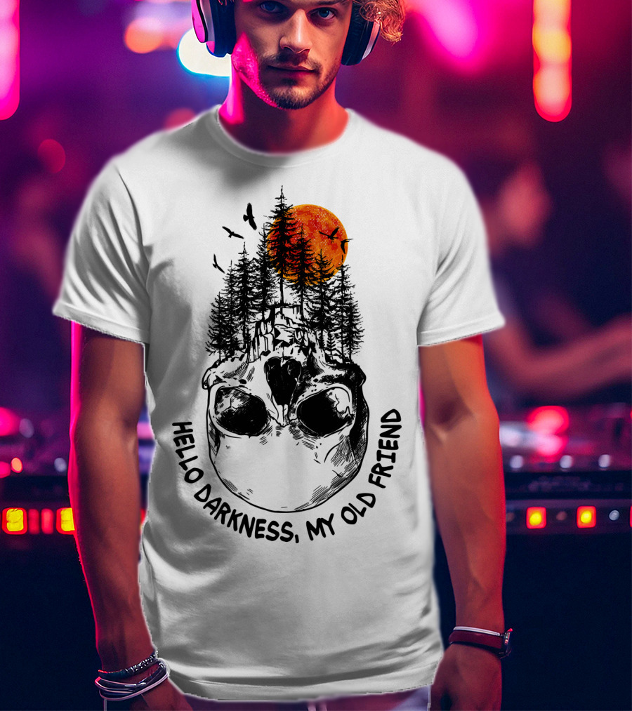 Hello Darkness My Old Friend Skull Forest Red Moon Birds Camping T-Shirt