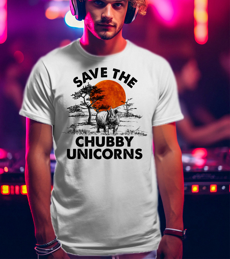 Save The Chubby Unicorns Rhino Conservation Sunset Scene T-Shirt