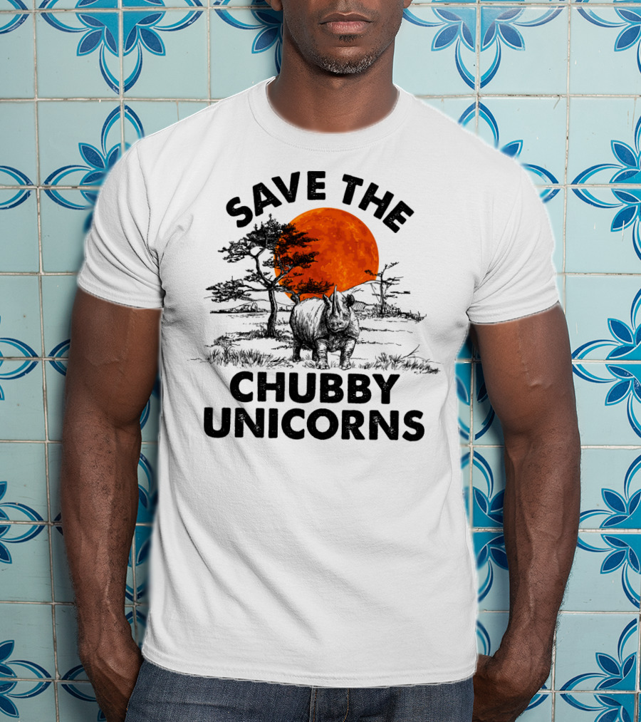 Save The Chubby Unicorns Rhino Conservation Sunset Scene T-Shirt