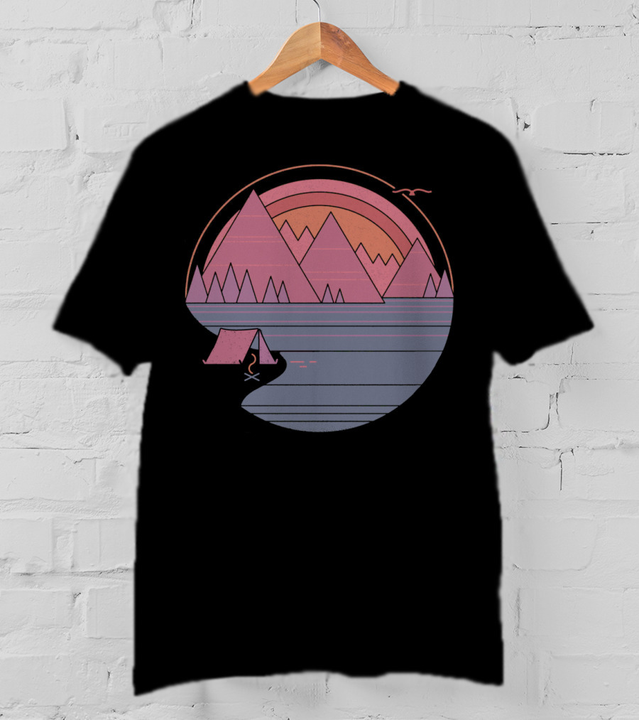 Camping Landscape With Mountains, Tent, Campfire, Sunset, And Bird In Circle T-Shirt