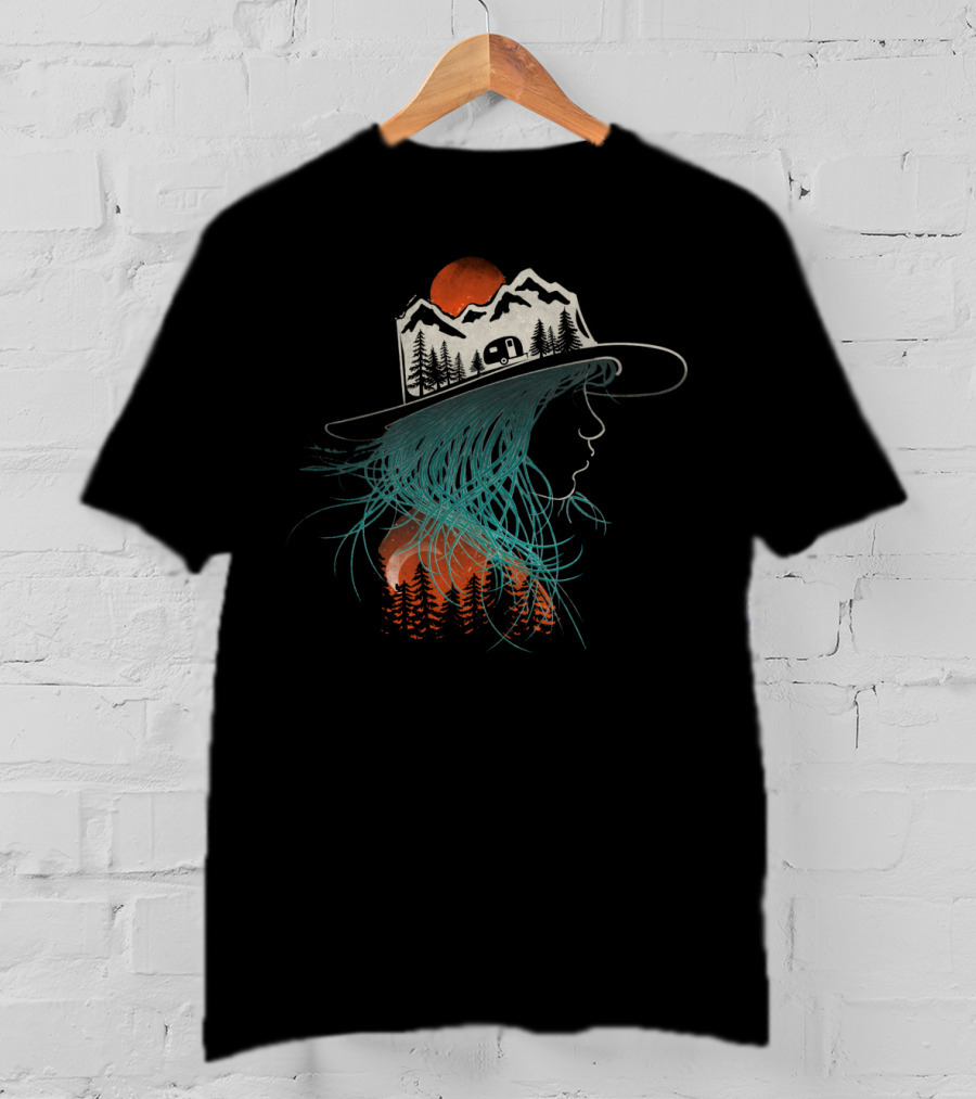 Camping Girl Mountain Hat Silhouette Forest Camper Scene T-Shirt