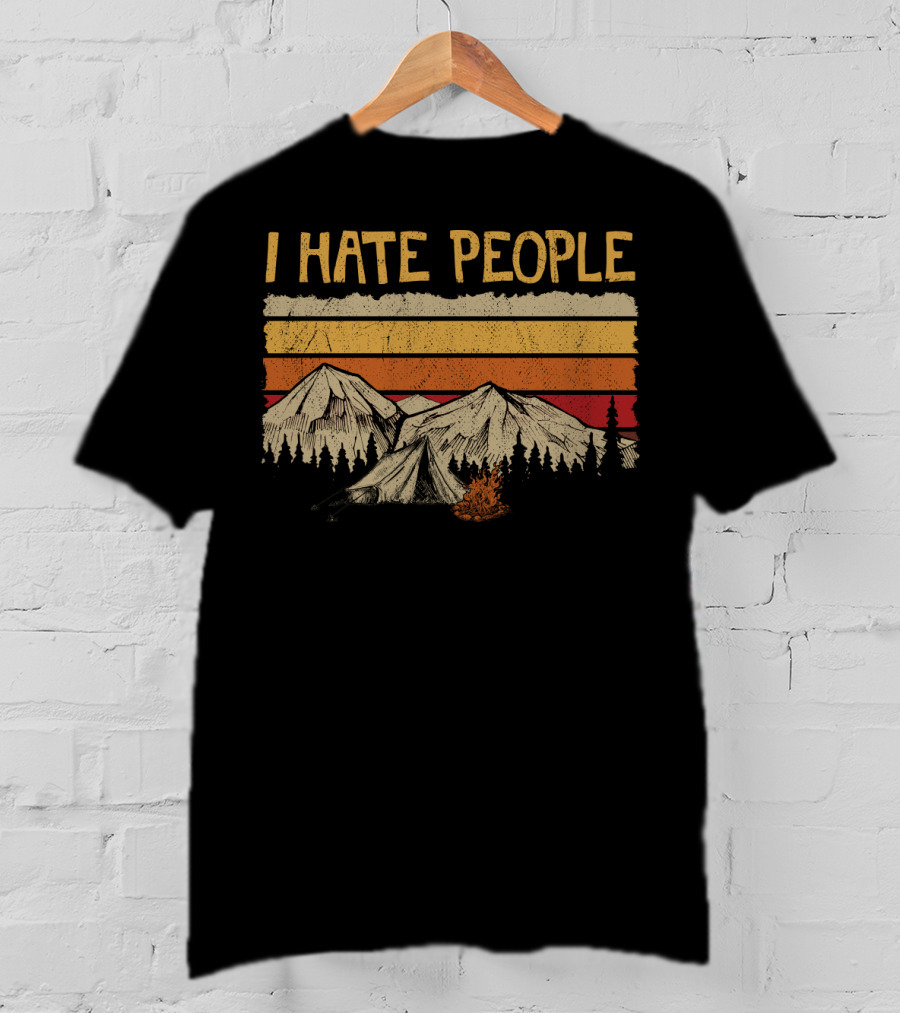 I Hate People Mountains Tent Campfire Vintage Retro Style Camping Hate T-Shirt