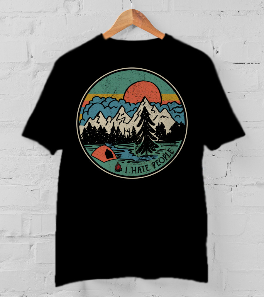 I Hate People Camping Mountains Retro Sunset Tent T-Shirt