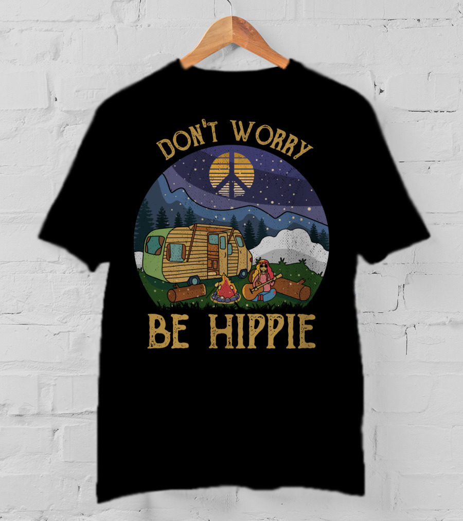 Don't Worry Be Hippie Camper Peace Sign Campfire Scene T-Shirt