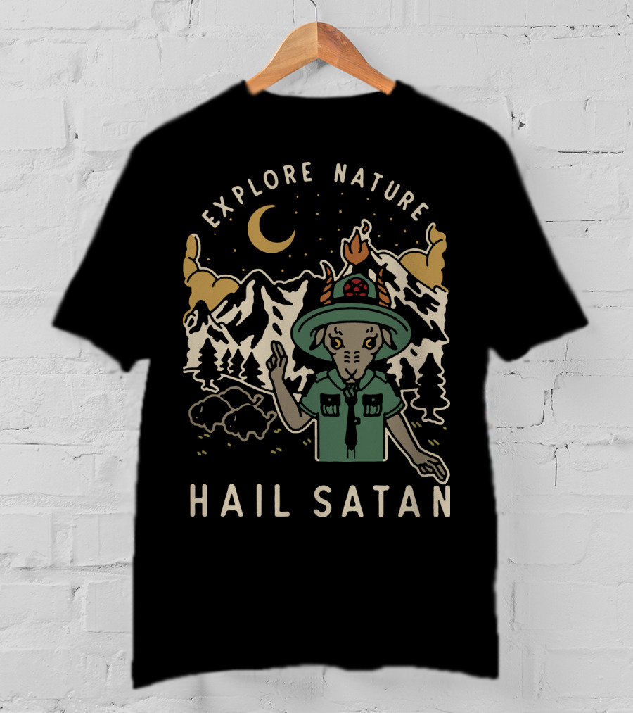 Explore Nature Hail Satan Moonlit Mountain Landscape Goat Character T-Shirt