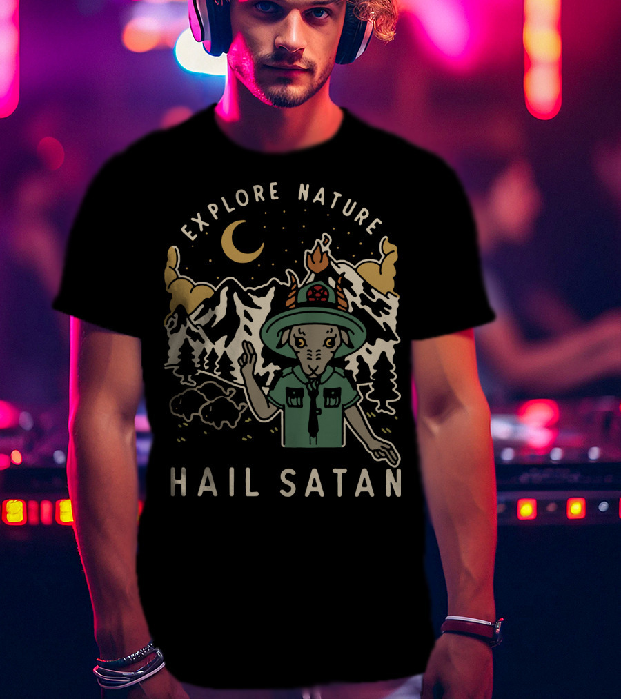 Explore Nature Hail Satan Moonlit Mountain Landscape Goat Character T-Shirt