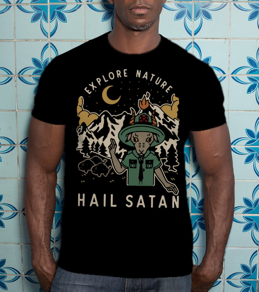 Explore Nature Hail Satan Moonlit Mountain Landscape Goat Character T-Shirt