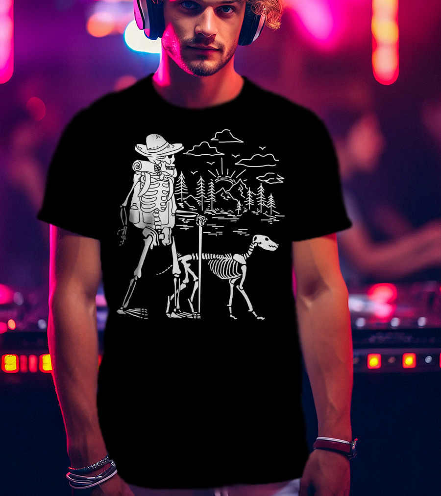 Hiking Skeleton With Skeleton Dog In Mountain Forest Scene T-Shirt
