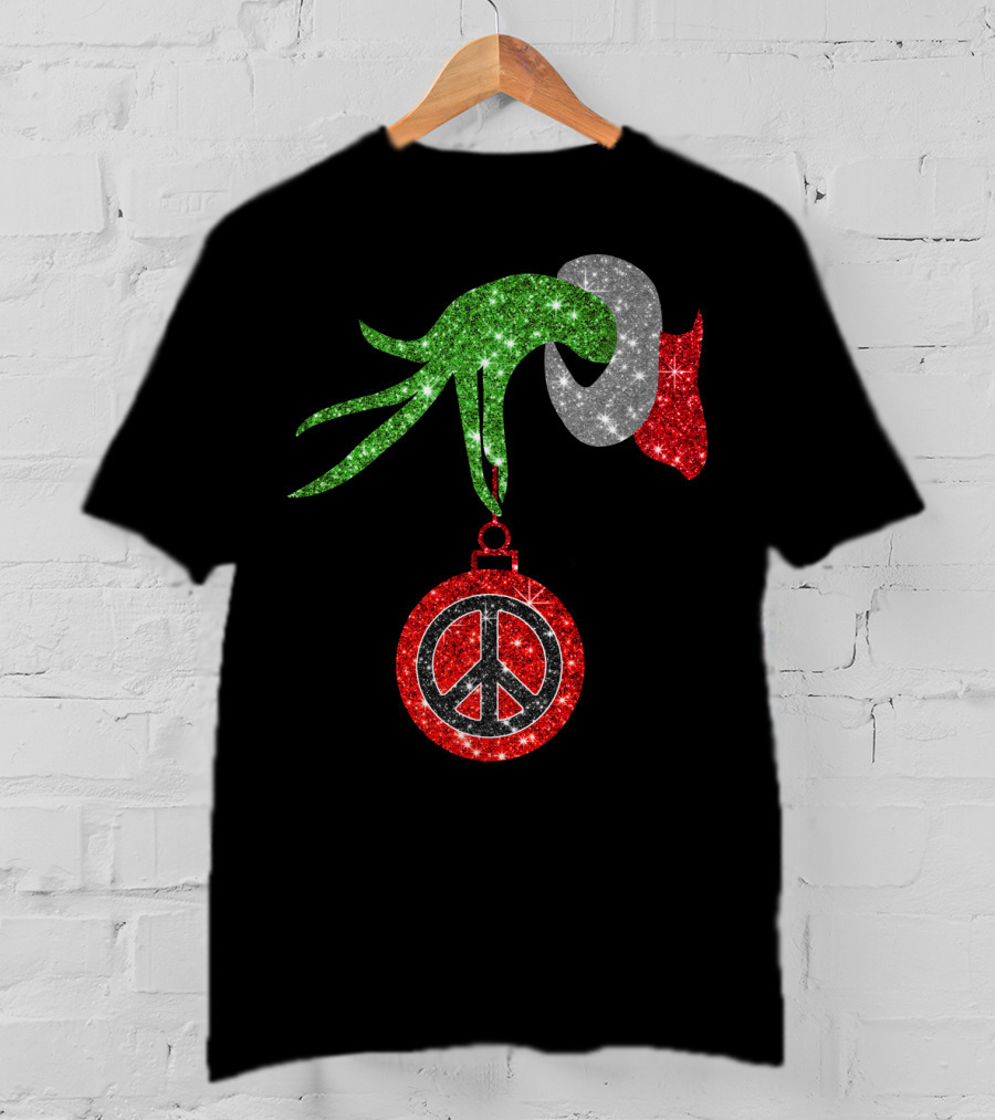 Grinch Hand Holding Peace Sign Ornament Christmas Hippie T-Shirt