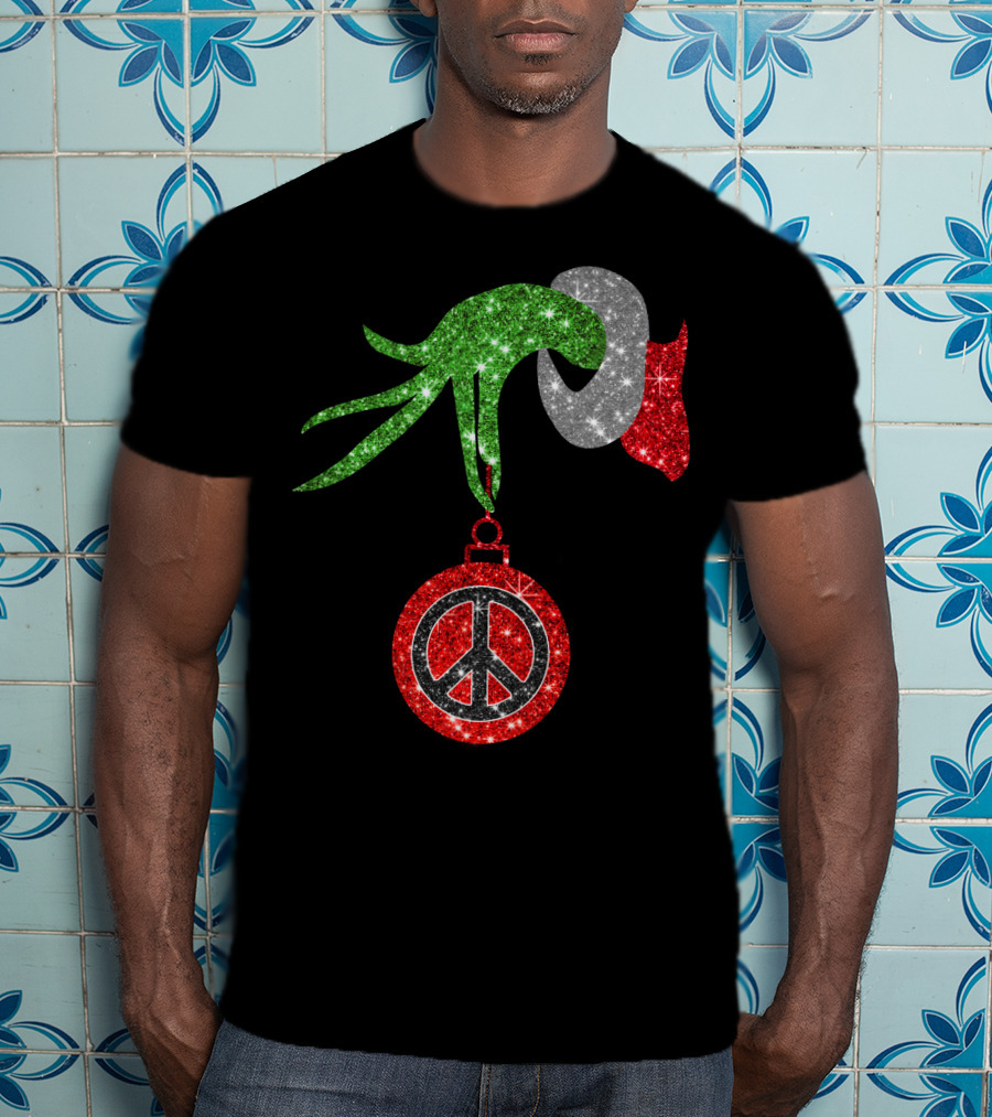 Grinch Hand Holding Peace Sign Ornament Christmas Hippie T-Shirt