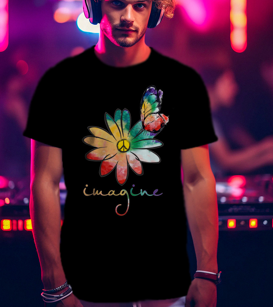 Imagine Peace Flower Hippie Butterfly T-Shirt