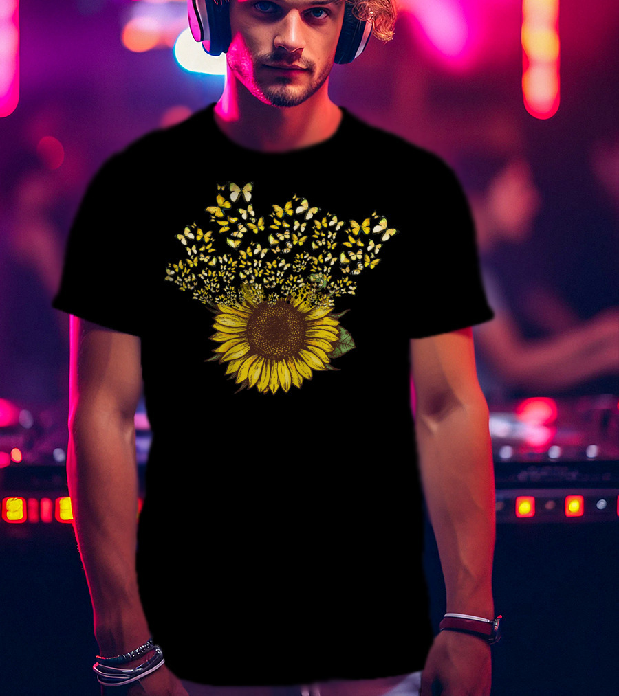 Sunflower With Yellow Butterfly Blossom Explosion T-Shirt