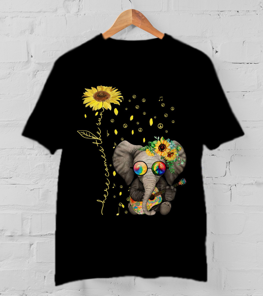 Here Comes The Sun Elephant With Sunflower And Peace Symbols T-Shirt