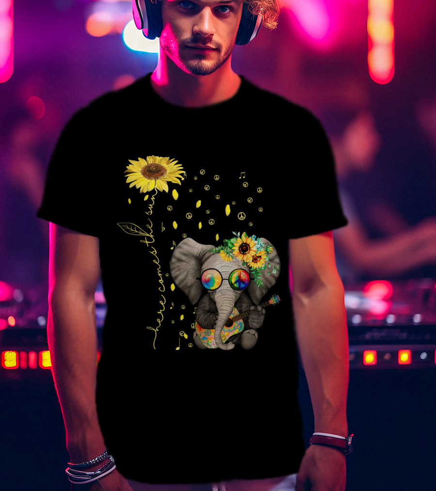 Here Comes The Sun Elephant With Sunflower And Peace Symbols T-Shirt