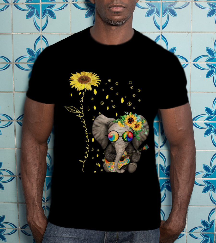 Here Comes The Sun Elephant With Sunflower And Peace Symbols T-Shirt