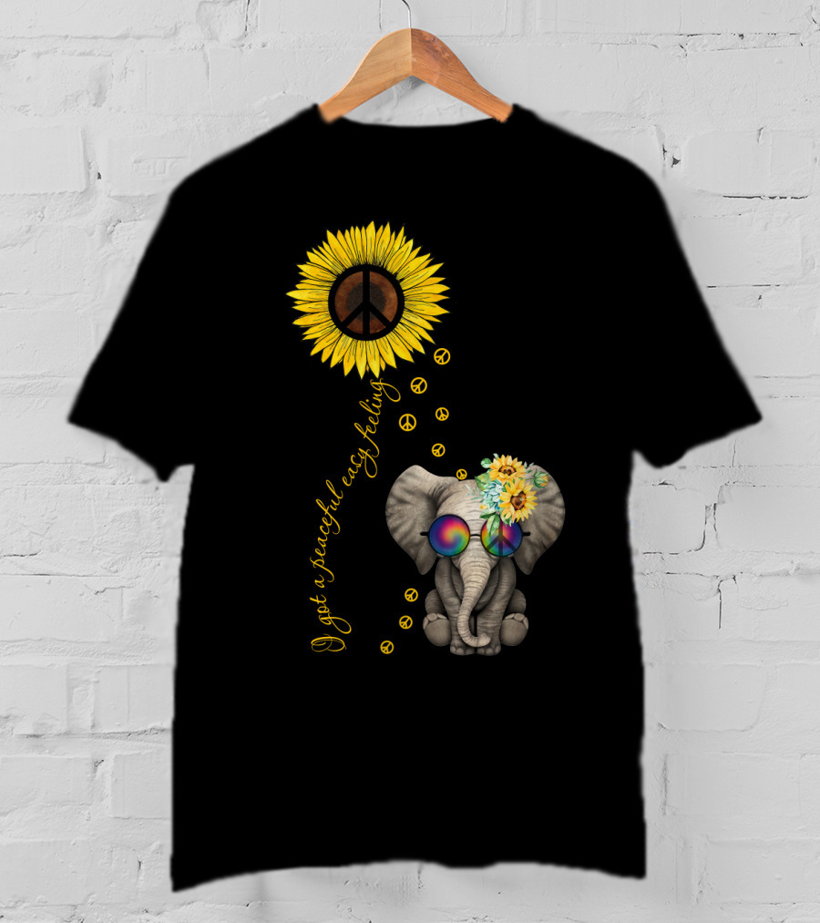 I Got A Peaceful Easy Feeling Elephant With Sunflower And Peace Symbols T-Shirt