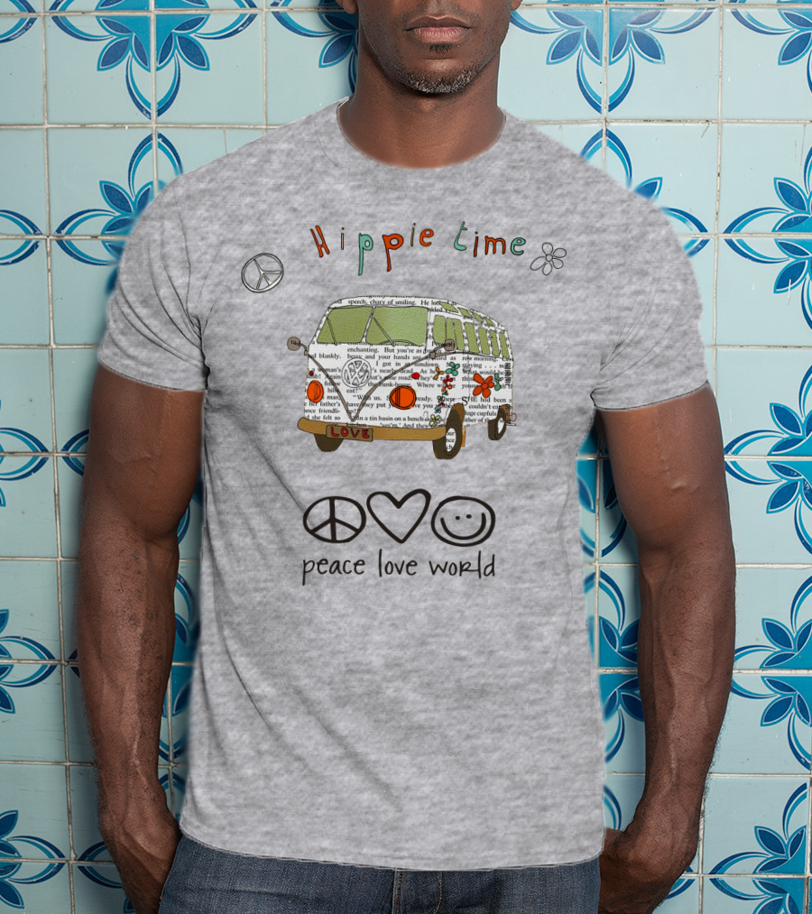 Hippie Time Peace Love World Retro Van Design With Symbols T-Shirt