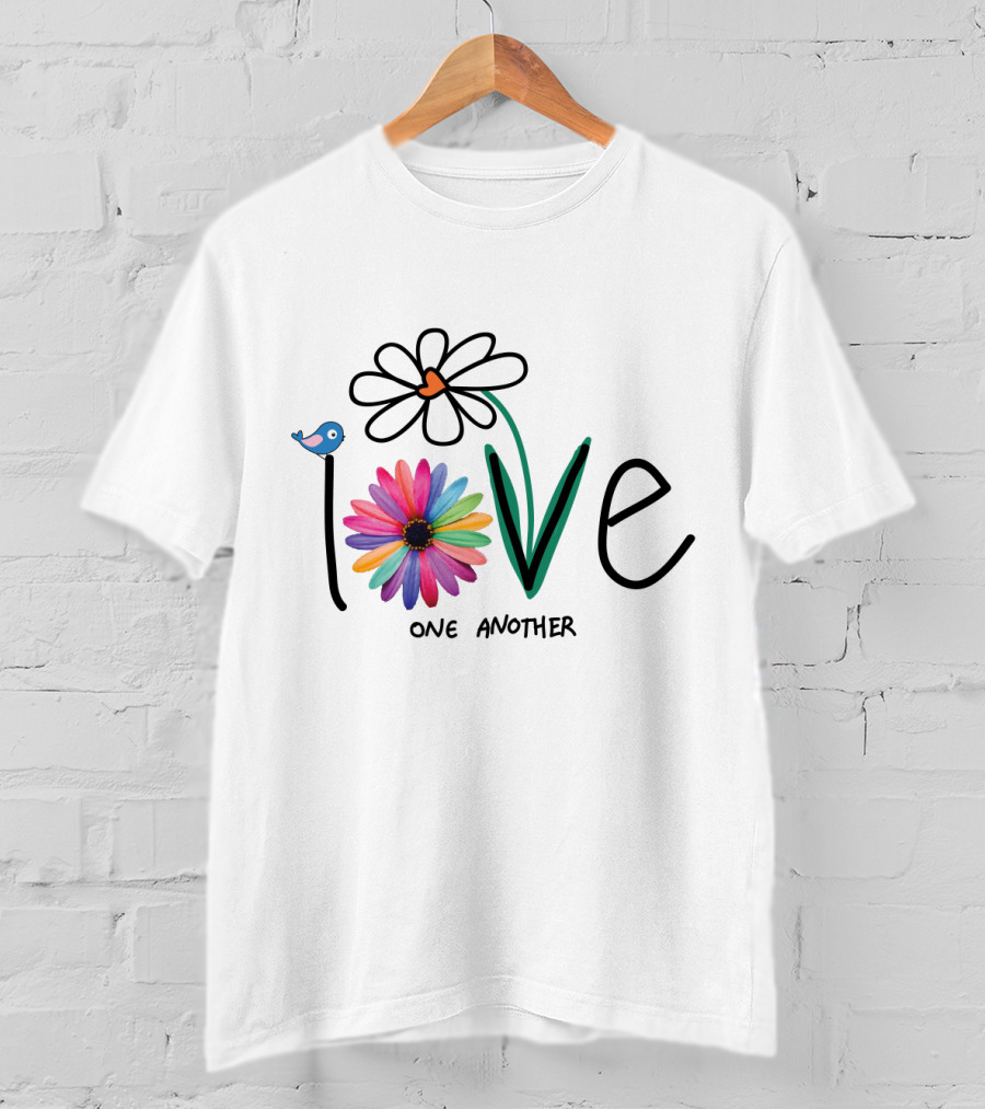 Love One Another Rainbow Flower Blue Bird T-Shirt