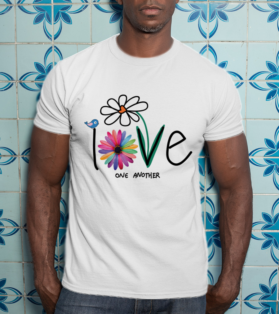 Love One Another Rainbow Flower Blue Bird T-Shirt