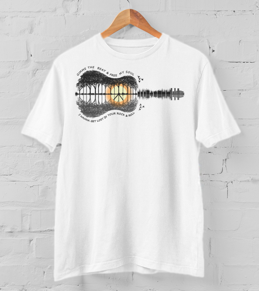 Gimme The Beat And Free My Soul I Wanna Get Lost In Your Rock And Roll Guitar Skyline Sunset T-Shirt