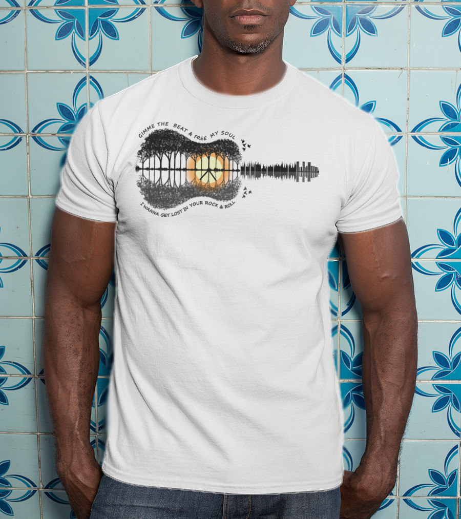 Gimme The Beat And Free My Soul I Wanna Get Lost In Your Rock And Roll Guitar Skyline Sunset T-Shirt