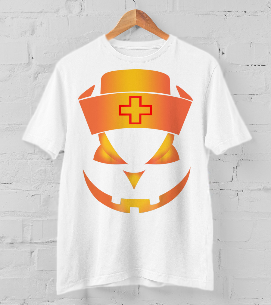 Nurse Pumpkin Face With Cross Hat Halloween T-Shirt
