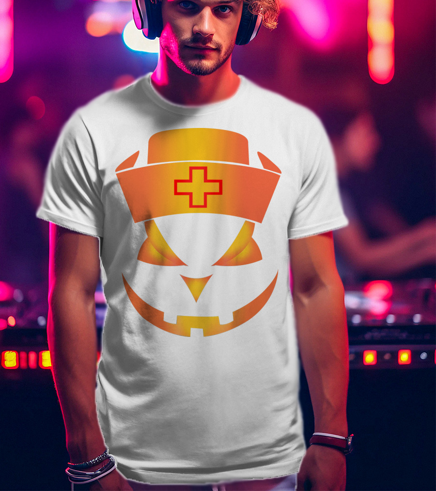 Nurse Pumpkin Face With Cross Hat Halloween T-Shirt