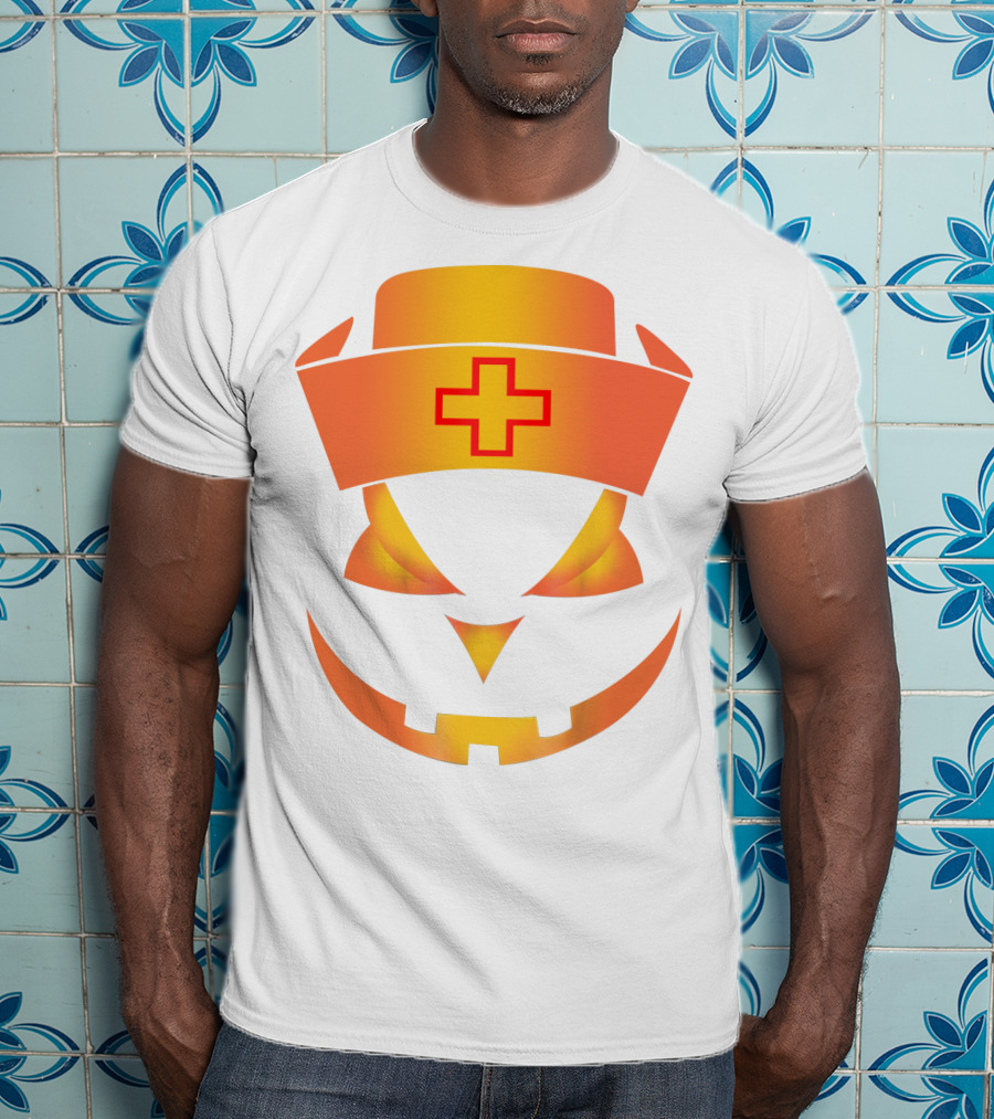 Nurse Pumpkin Face With Cross Hat Halloween T-Shirt