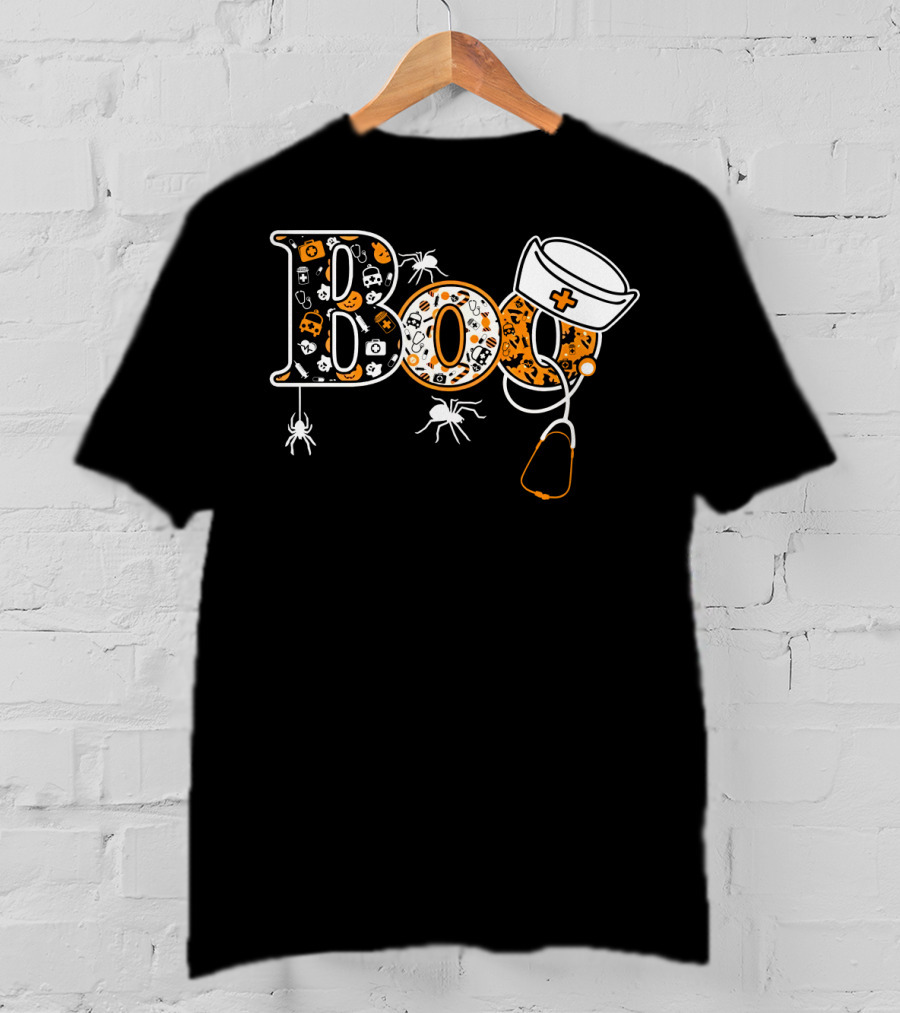 Boo Nurse Halloween Stethoscope Spider Hat T-Shirt