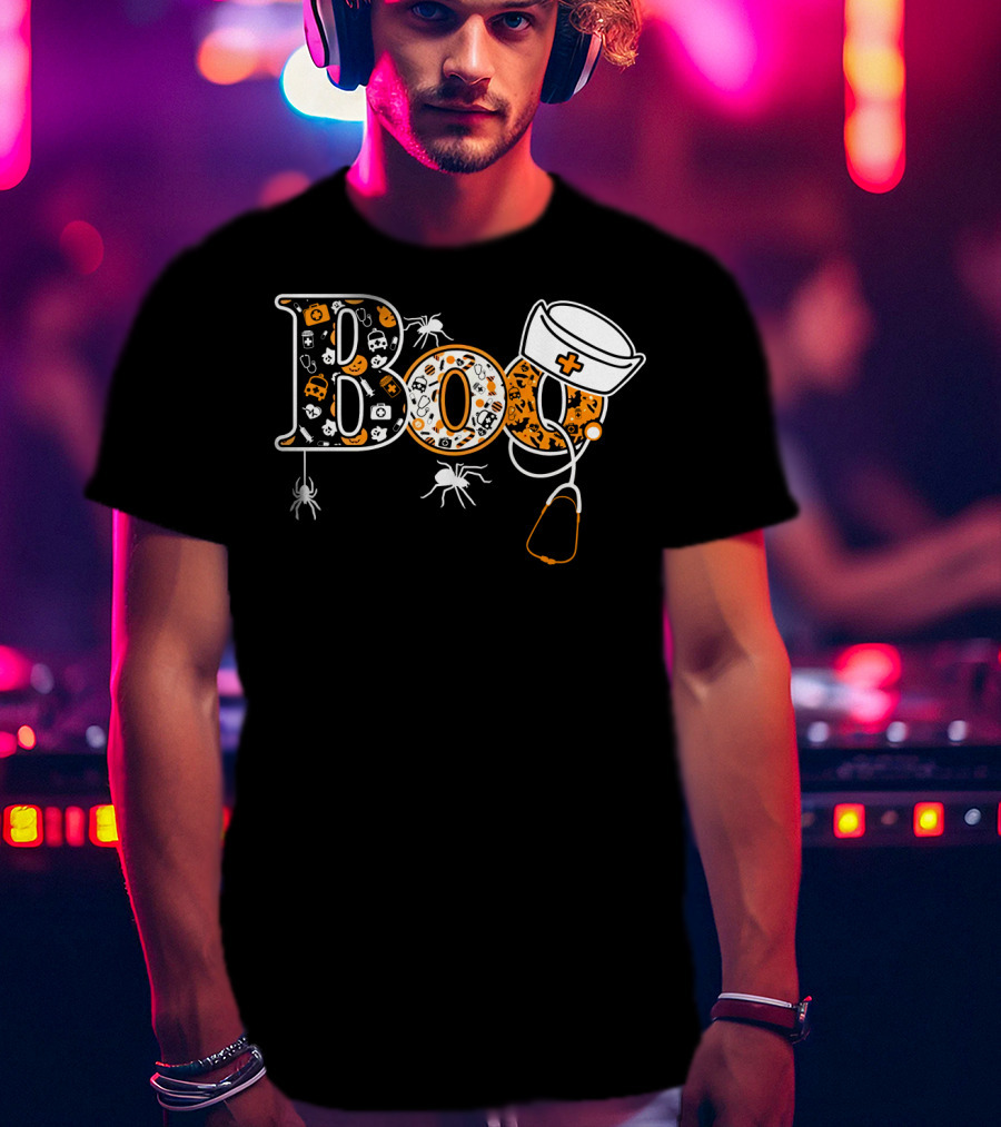Boo Nurse Halloween Stethoscope Spider Hat T-Shirt