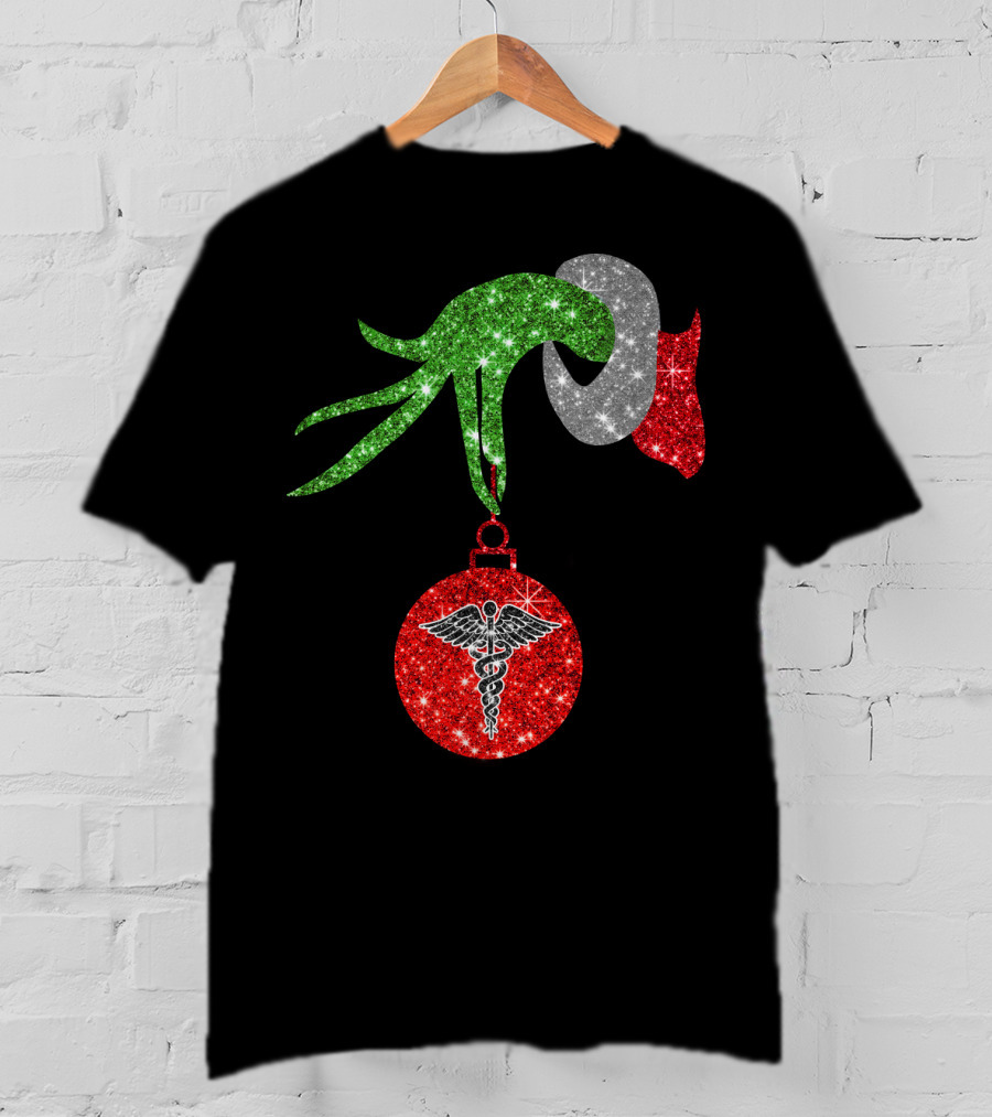 Grinch Hand Holding Caduceus Christmas Ornament Nurse T-Shirt