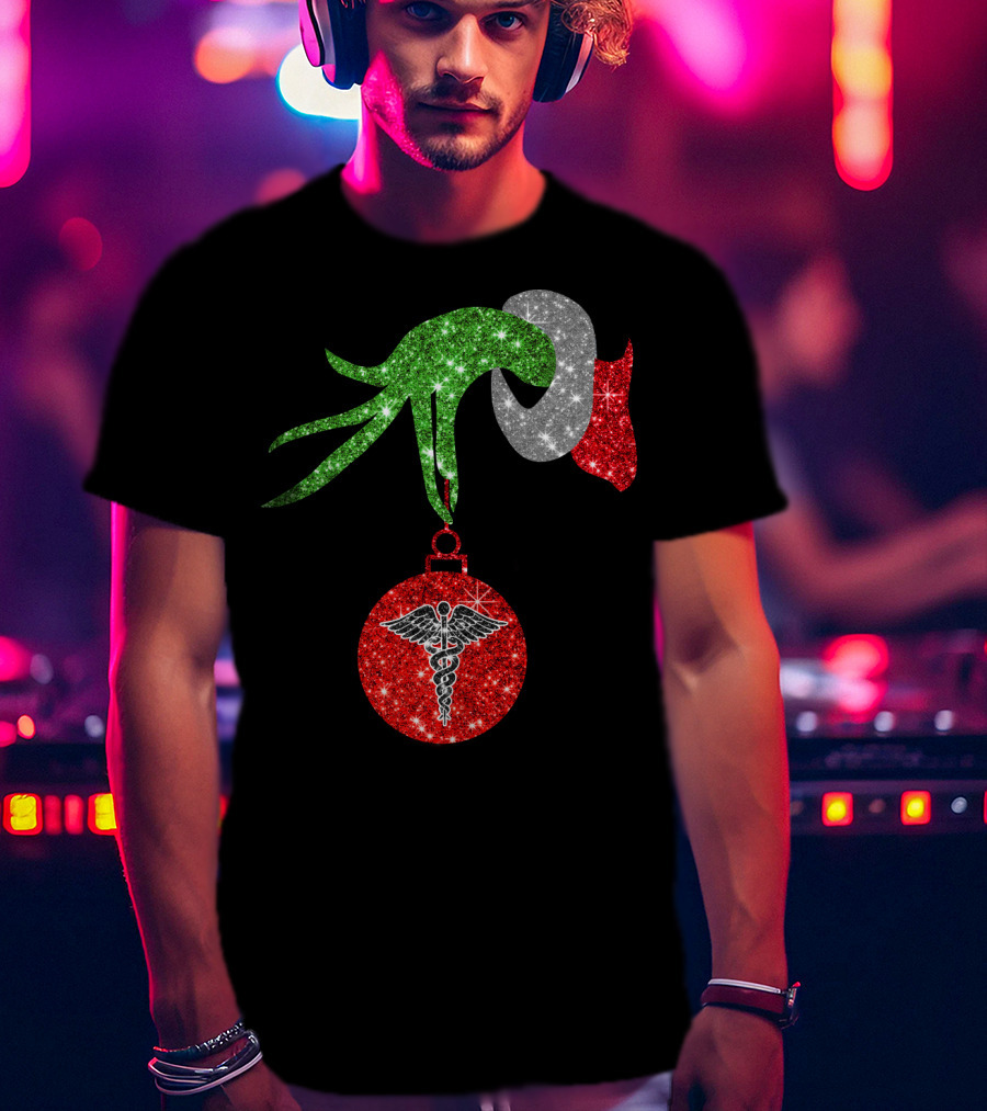 Grinch Hand Holding Caduceus Christmas Ornament Nurse T-Shirt