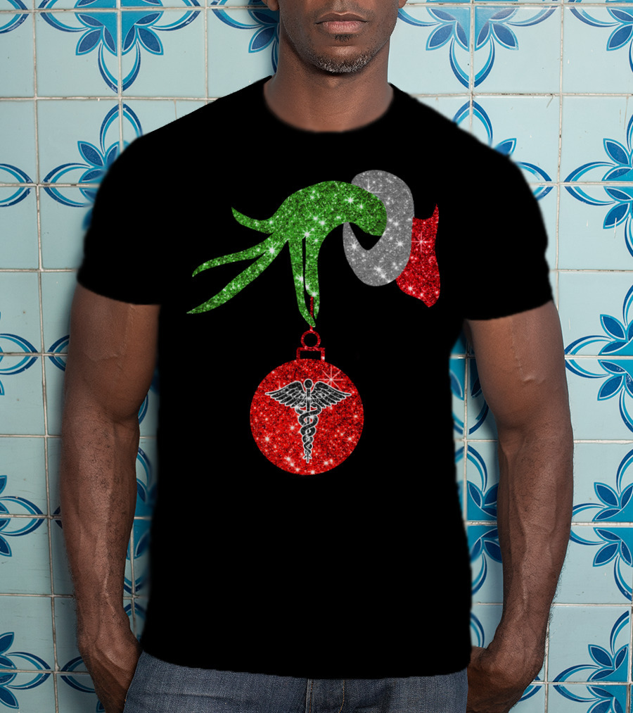 Grinch Hand Holding Caduceus Christmas Ornament Nurse T-Shirt