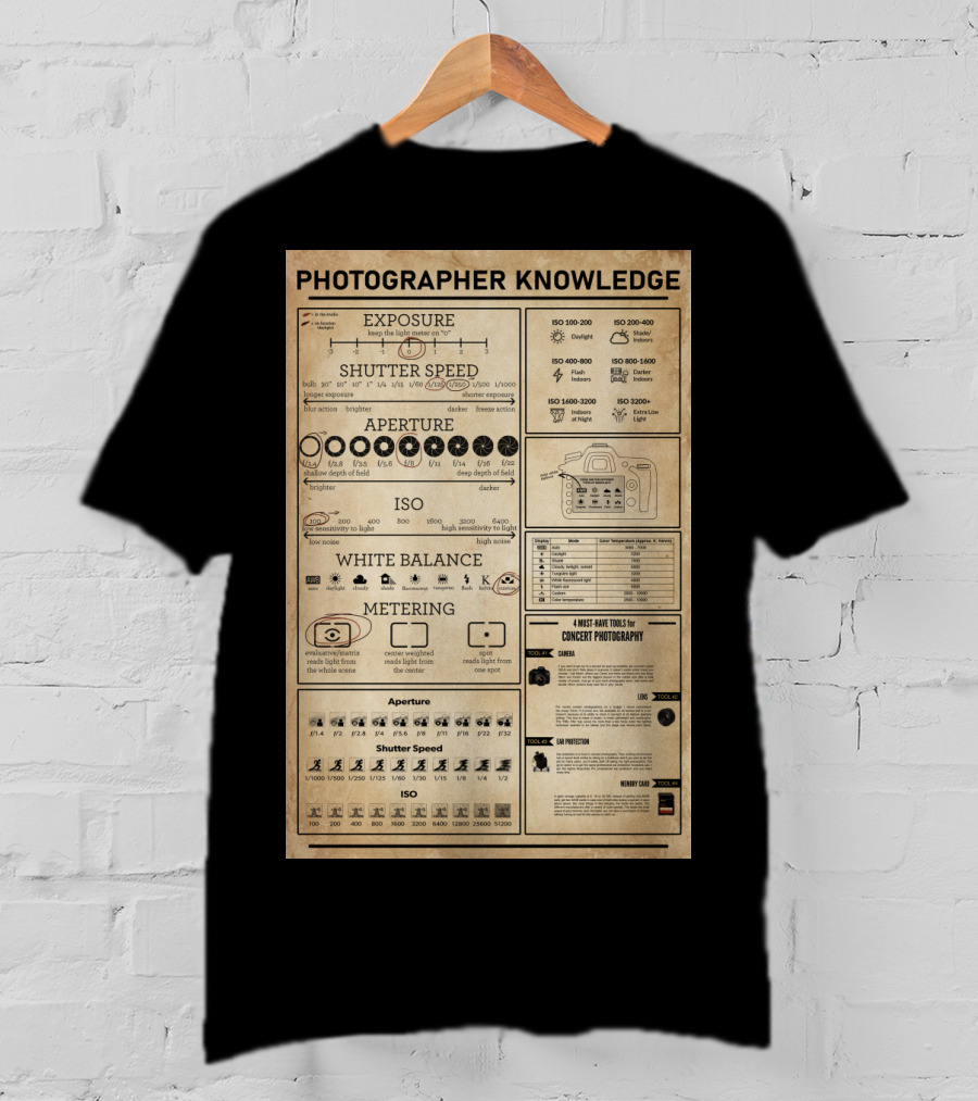 Photographer Knowledge Exposure Shutter Speed Aperture ISO White Balance Metering Concert Photography Guide T-Shirt