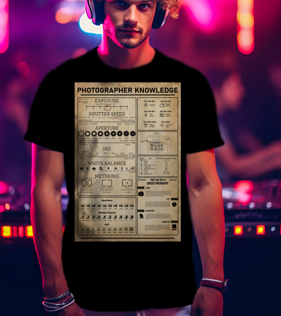 Photographer Knowledge Exposure Shutter Speed Aperture ISO White Balance Metering Concert Photography Guide T-Shirt