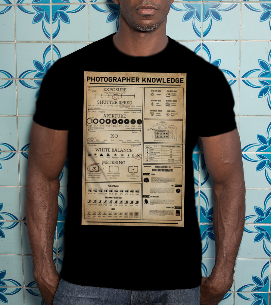 Photographer Knowledge Exposure Shutter Speed Aperture ISO White Balance Metering Concert Photography Guide T-Shirt