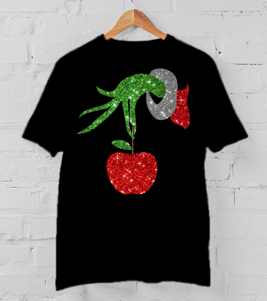 Green Grinch Hand Holding Shiny Red Apple T-Shirt