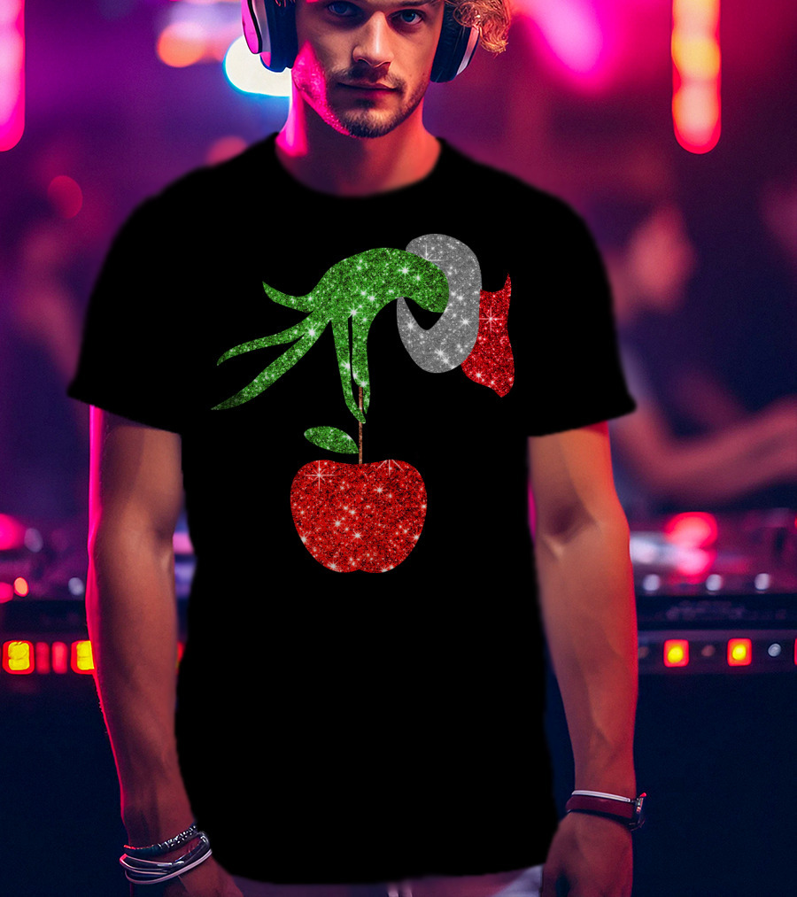 Green Grinch Hand Holding Shiny Red Apple T-Shirt