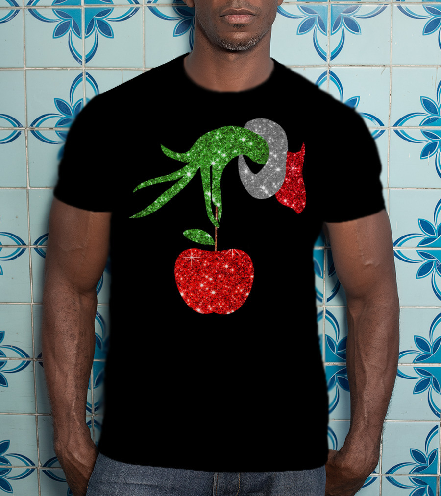 Green Grinch Hand Holding Shiny Red Apple T-Shirt