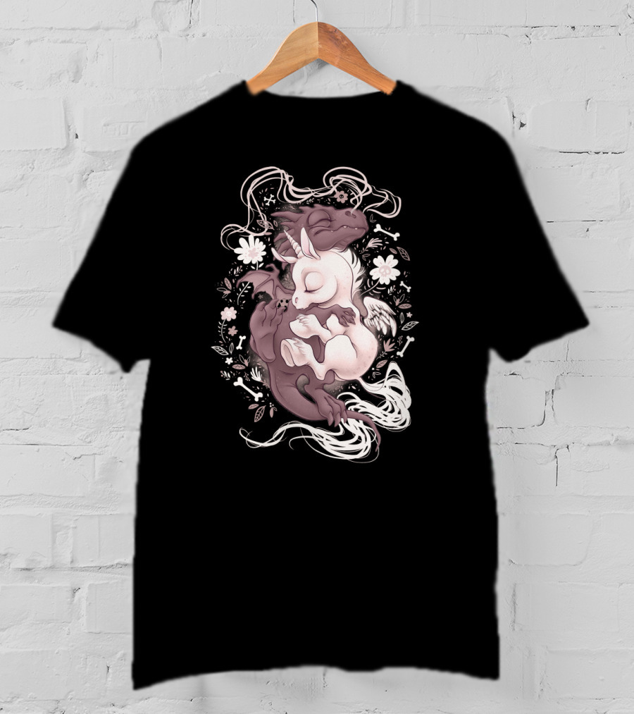Dragon Unicorn Sleeping Embrace With Flowers And Bones T-Shirt