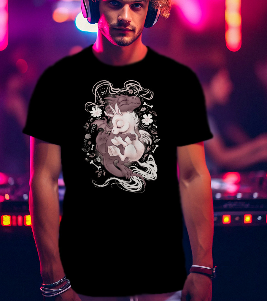 Dragon Unicorn Sleeping Embrace With Flowers And Bones T-Shirt