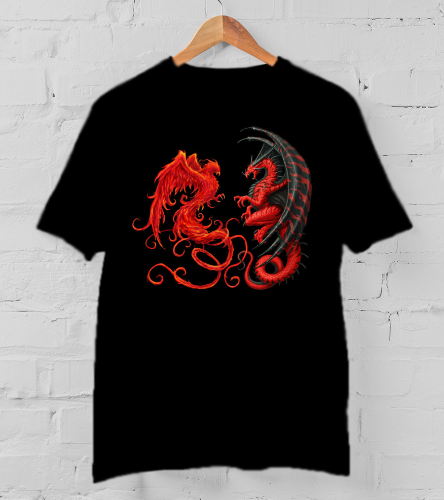 Dragon And Phoenix Symbols IN Red And Black Encounter T-Shirt