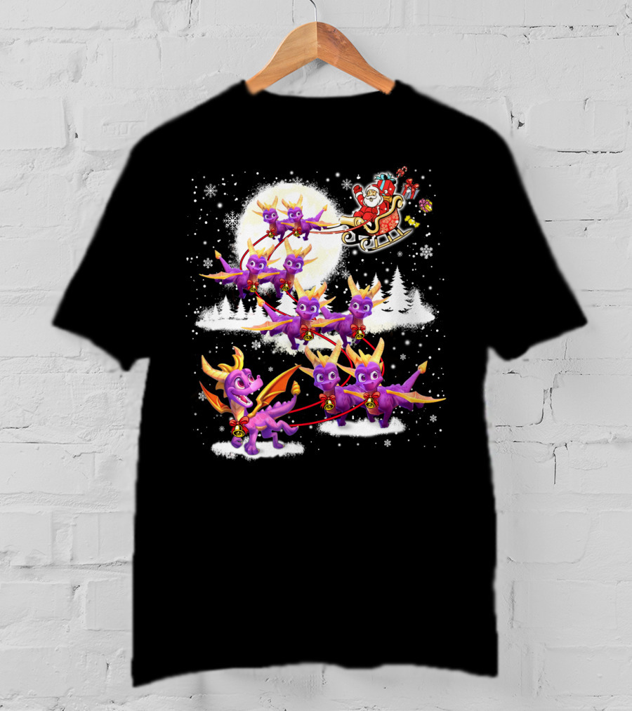 Santa's Sleigh Pulled By Purple Dragon Reindeer T-Shirt