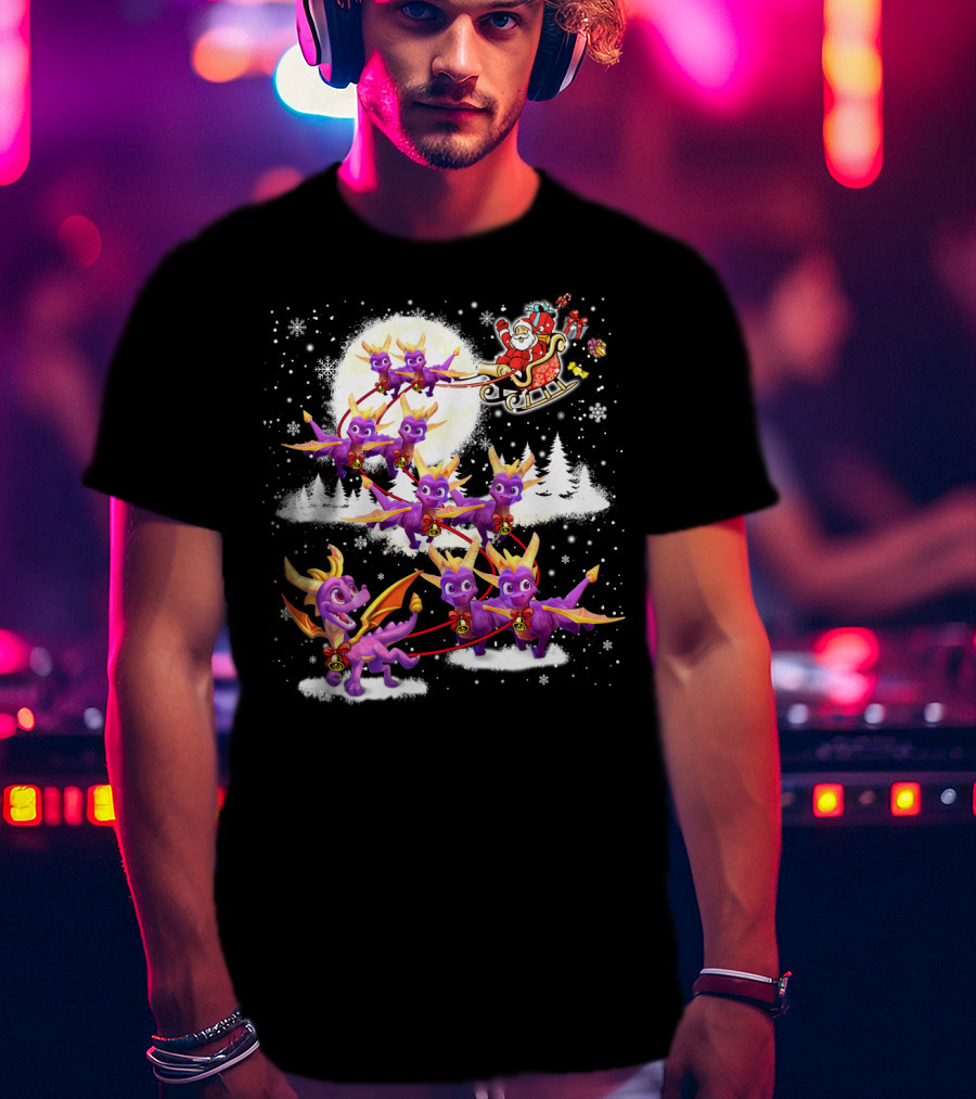 Santa's Sleigh Pulled By Purple Dragon Reindeer T-Shirt