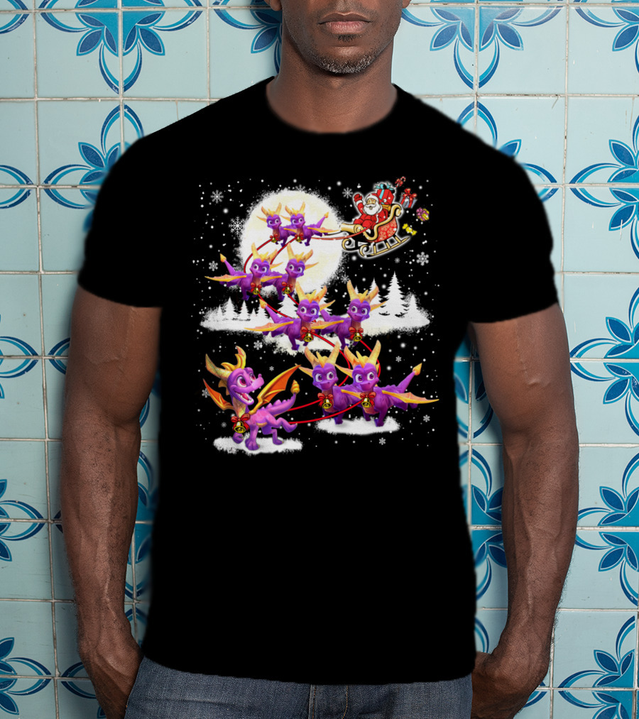 Santa's Sleigh Pulled By Purple Dragon Reindeer T-Shirt