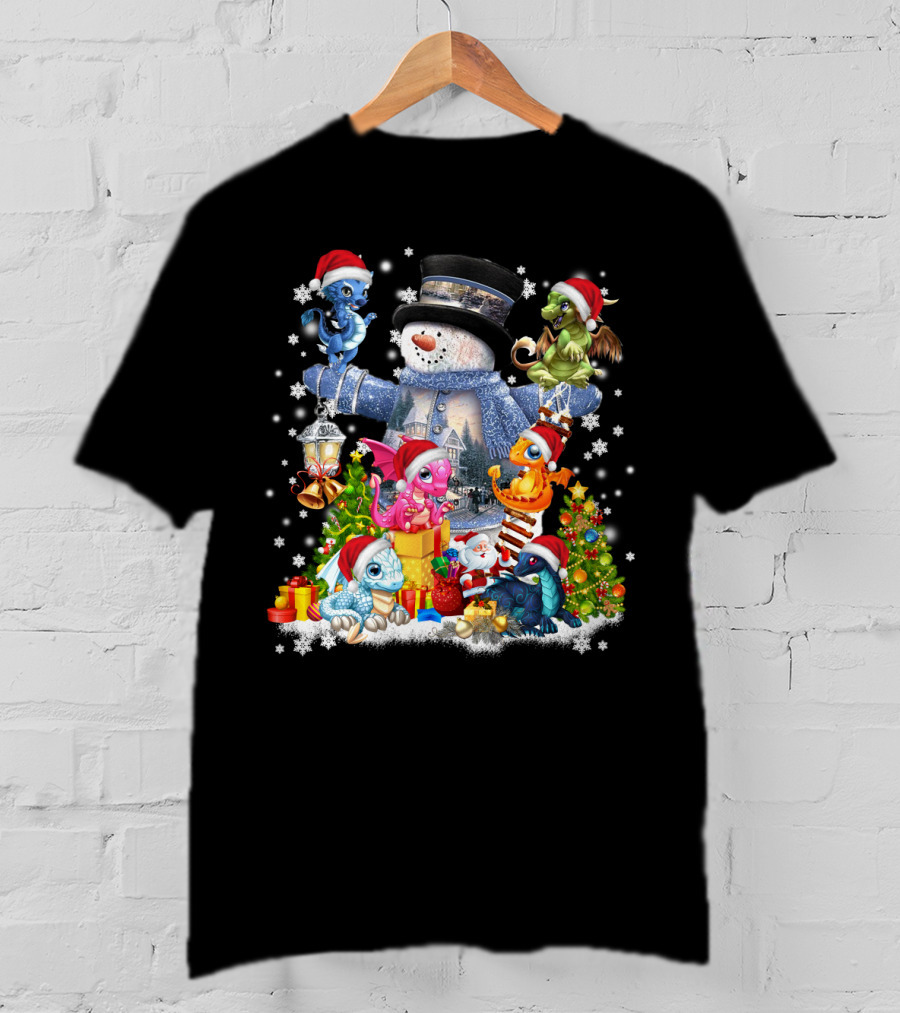 Dragons Play With Snowman IN Christmas Scene T-Shirt