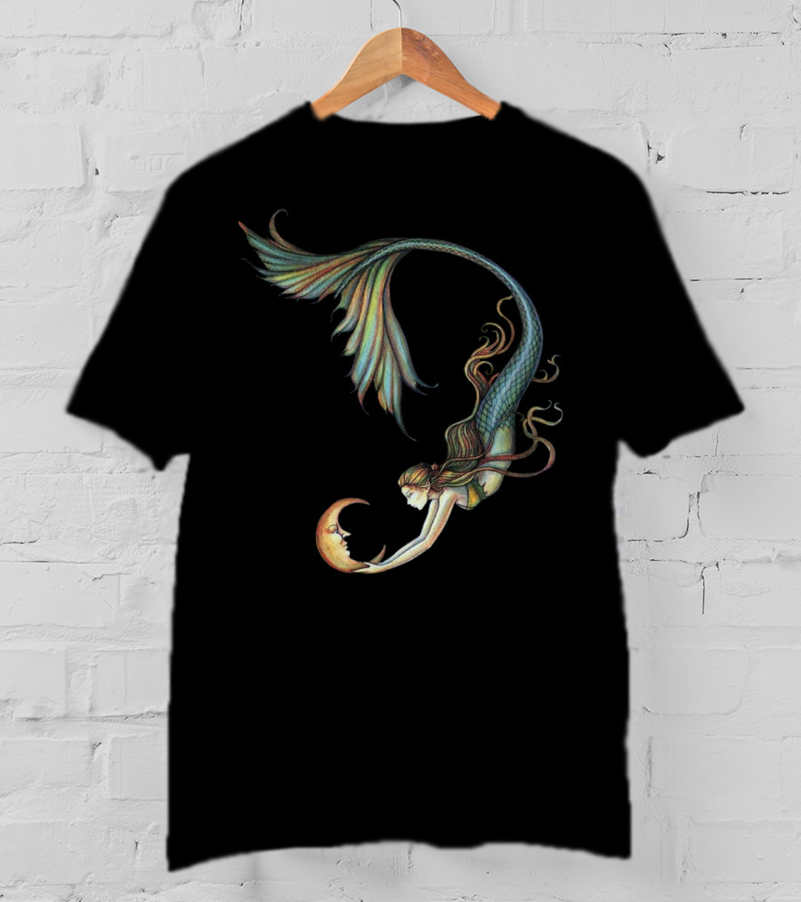 Mermaid Embrace With Smiling Crescent Moon T-Shirt