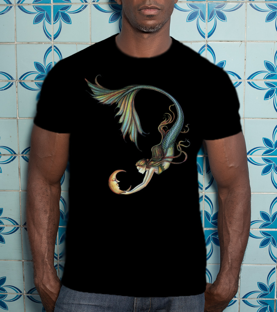 Mermaid Embrace With Smiling Crescent Moon T-Shirt