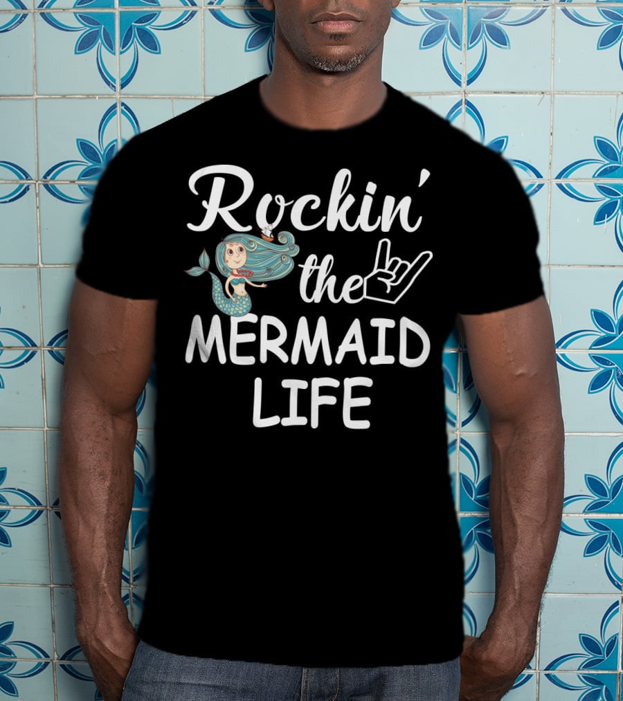 Rockin' The Mermaid Life With Hand Sign And Cartoon Mermaid T-Shirt